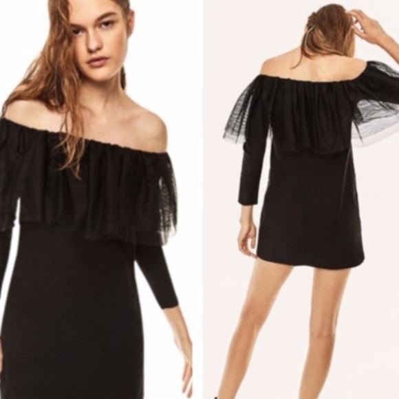 ZARA Trafaluc Tulle Off Shoulder Mini Little Black Dress NWT - Picture 3 of 8